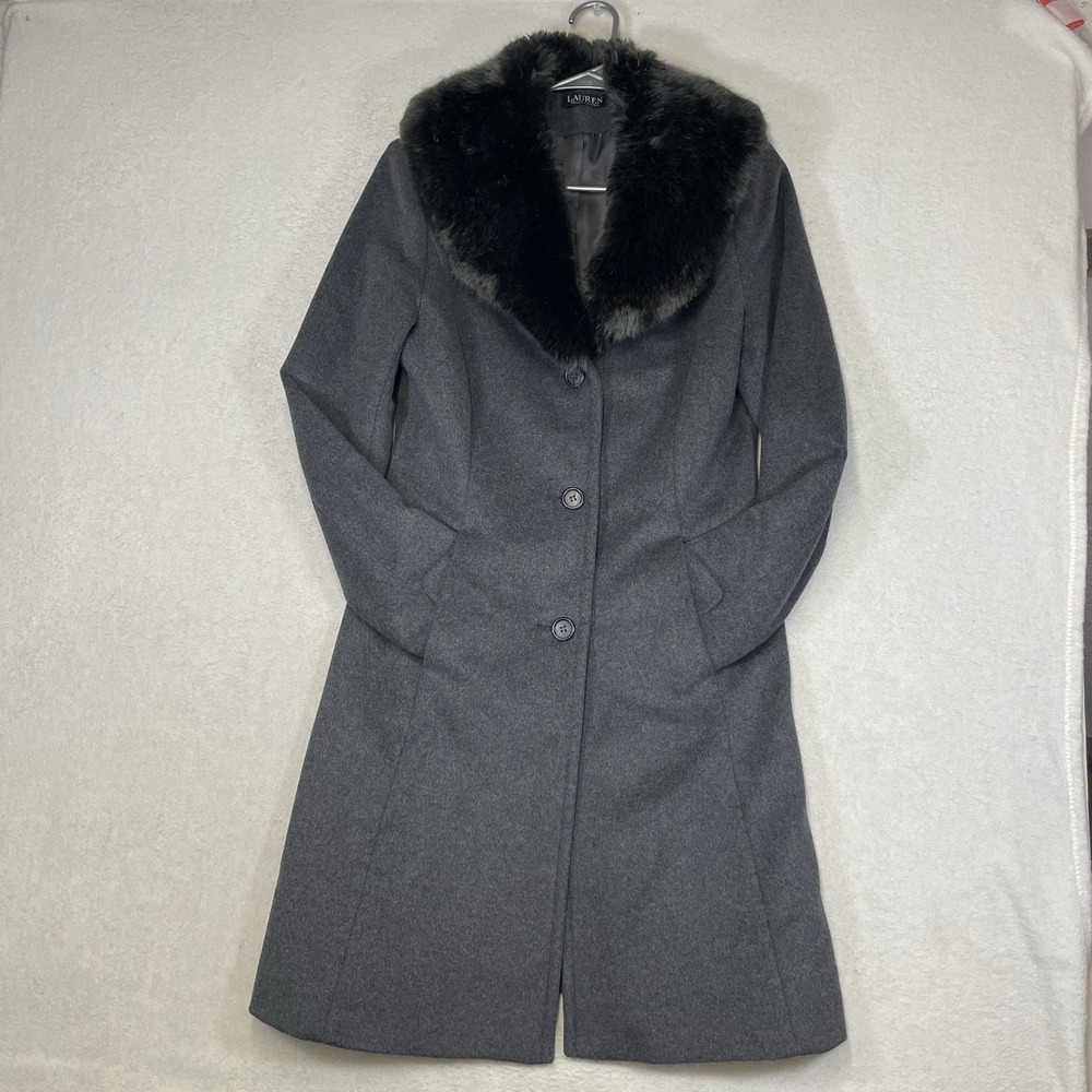 Lauren Ralph Lauren Gray Wool Blend Faux Fur Collar Coat Size 6 Penny Lane Coat - Picture 2 of 12